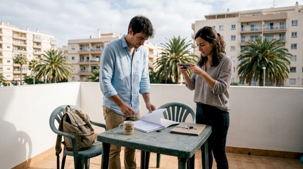 Una pareja revisa documentos en la terraza de su piso en Tenerife, disfrutando del buen tiempo.