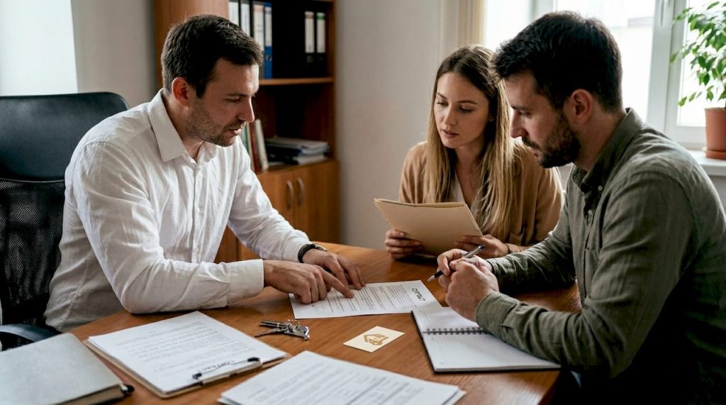 El agente inmobiliario revisa y comenta el contrato junto a sus clientes.