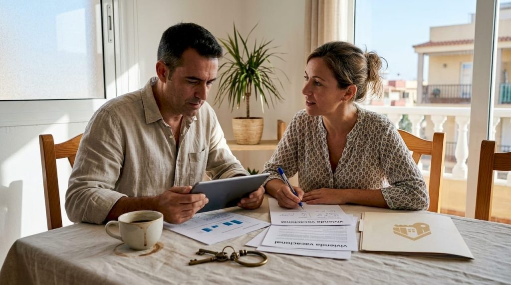 Una pareja revisa los papeles para alquilar una casa de vacaciones