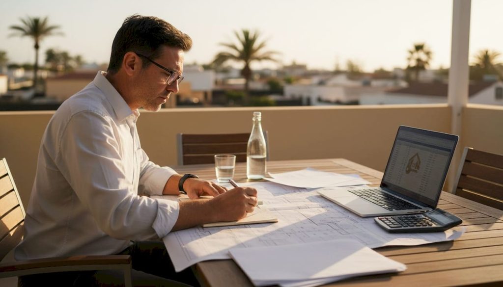 Un hombre analiza los planos de una parcela residencial en Tenerife.