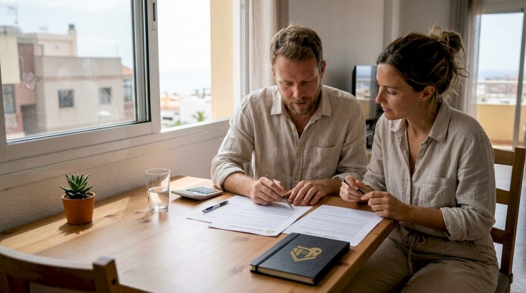Una pareja revisa detenidamente el contrato de alquiler de su nueva vivienda en Tenerife.