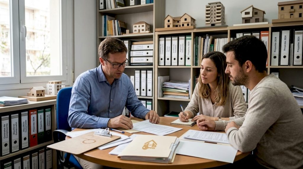 Agente inmobiliario repasando los términos del contrato junto a sus clientes