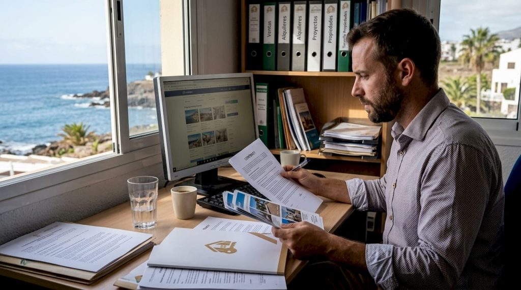 Un agente inmobiliario revisa cuidadosamente un contrato en su despacho de Tenerife.