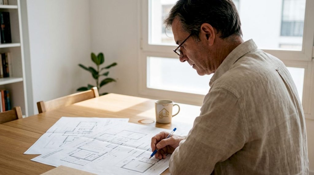 Hombre analizando los planos de un piso turístico