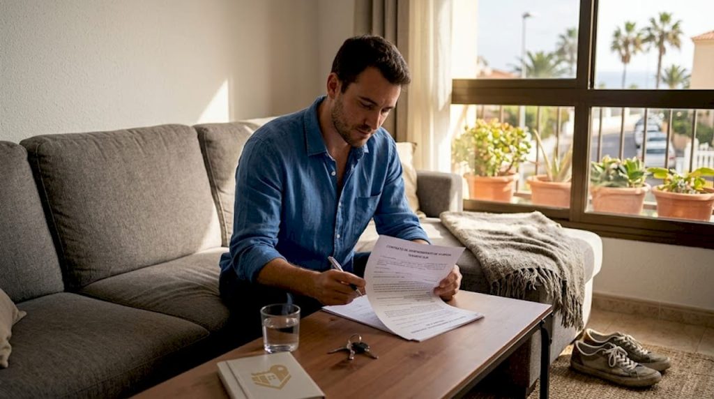 Hombre revisando los términos de su contrato de alquiler en el salón de su vivienda