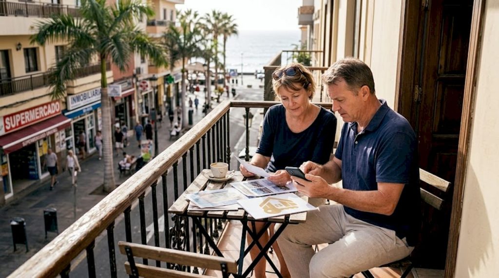 Pareja valorando la compra de un apartamento como inversión en Tenerife