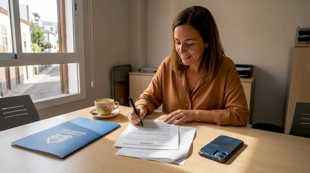 Abogada analiza un contrato de compraventa de un inmueble en su despacho