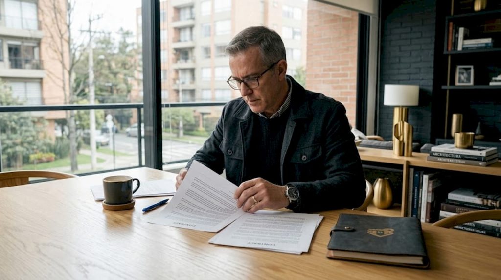 Dueño revisando las condiciones de un contrato de exclusividad con una agencia inmobiliaria
