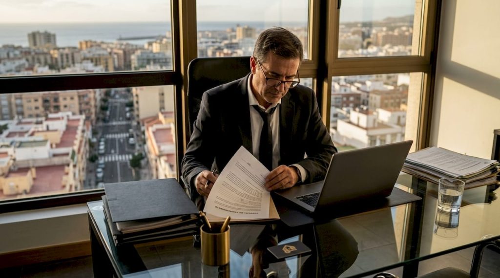 Abogado revisando documentos relacionados con la normativa de alquileres.