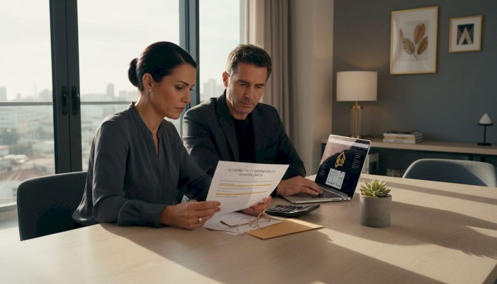 Una pareja analiza juntos la documentación necesaria para comprar una vivienda.