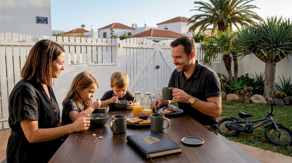 Una familia disfruta del desayuno al aire libre en la terraza de su casa en Tenerife.