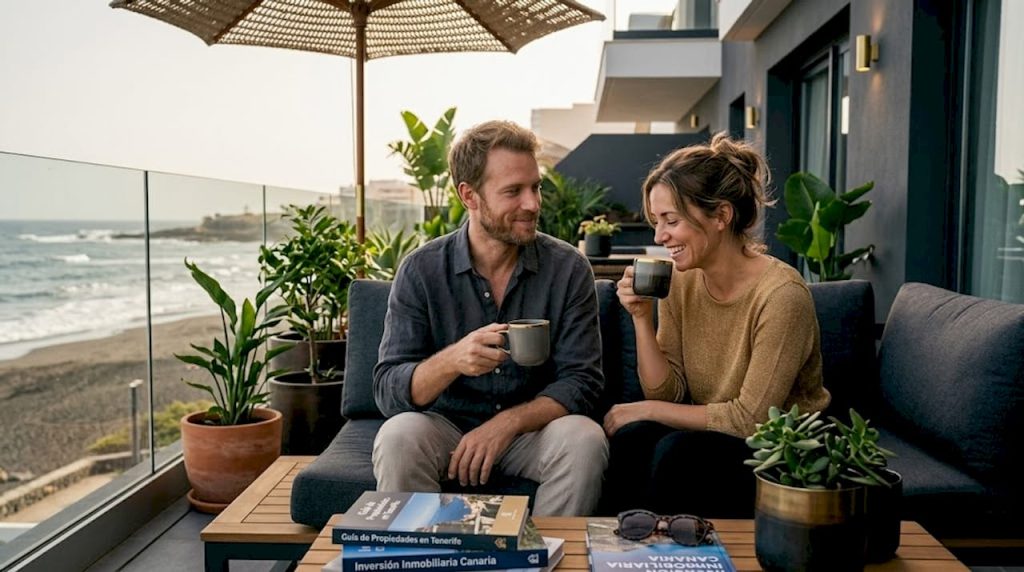 Una pareja disfruta de un desayuno juntos en su apartamento, mientras contempla la espectacular vista al mar.