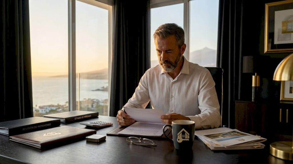 Profesional inmobiliario revisando la documentación de una propiedad en Tenerife