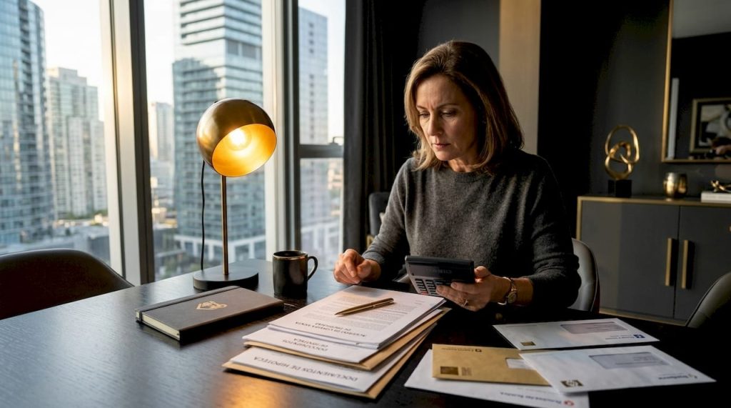 Propietario revisa documentos inmobiliarios sentado en la mesa