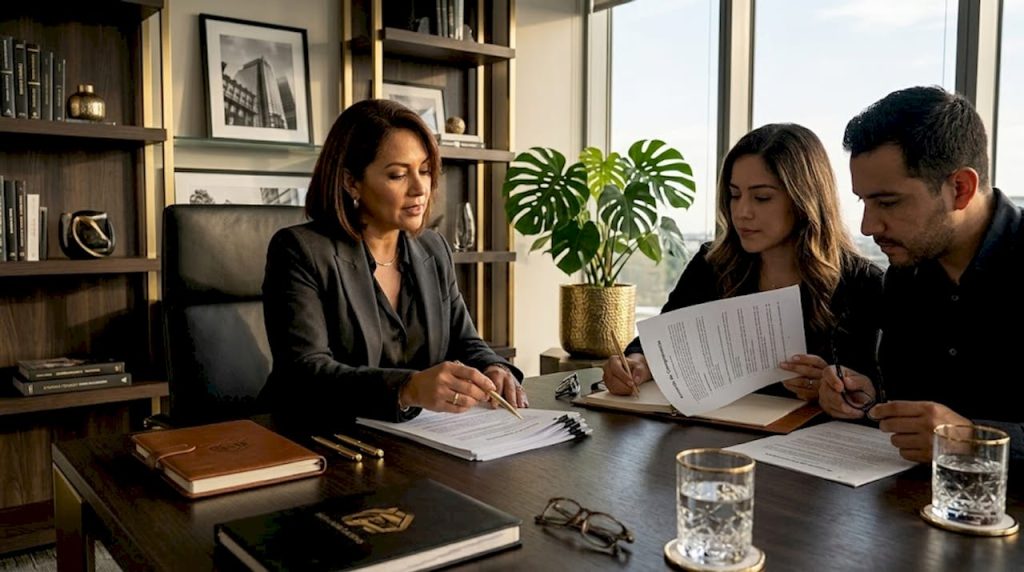 Una pareja consulta los detalles del contrato de su nueva vivienda junto a un agente inmobiliario.