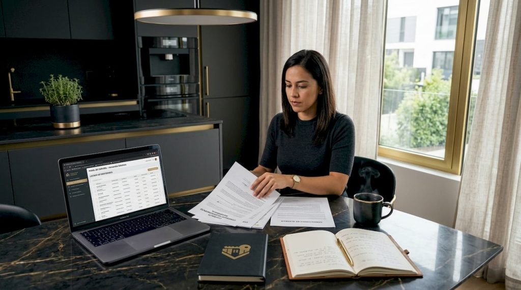 Propietario organizando la documentación para alquilar su vivienda, sentado en la mesa de la cocina.