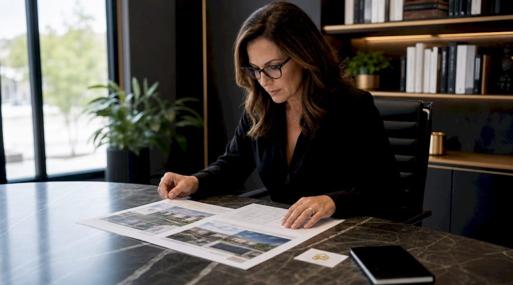 Asesora inmobiliaria revisando el listado de viviendas disponibles en su despacho