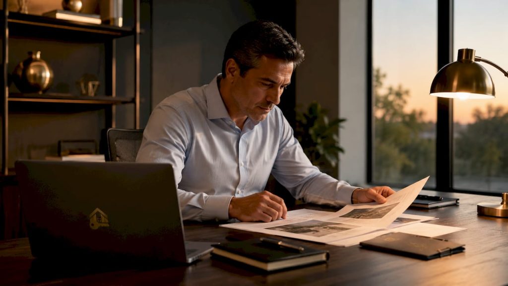 Hombre revisando los papeles para la compra de un terreno en su escritorio.