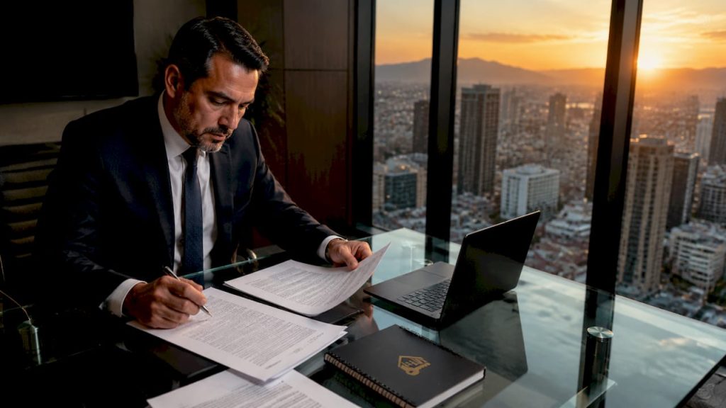 Empresario analizando los términos de un contrato de compraventa internacional