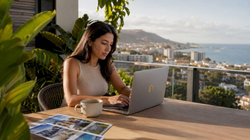 Mujer buscando pisos por internet desde casa