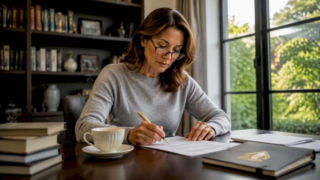 Una mujer revisa detenidamente un contrato de aval inmobiliario en una oficina, asegurándose de entender cada detalle antes de firmar.