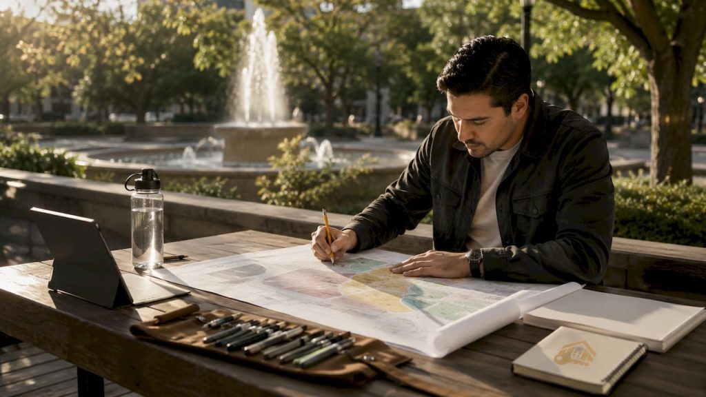 Especialista en urbanismo revisando el plano de zonificación de la ciudad.