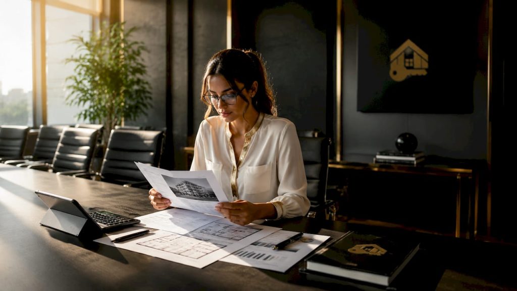Mujer revisando papeles del valor catastral en su despacho en casa