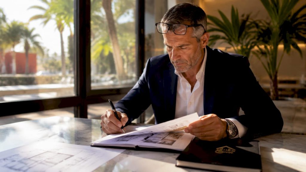 Dueño de negocio revisando los términos del contrato de arrendamiento de su restaurante