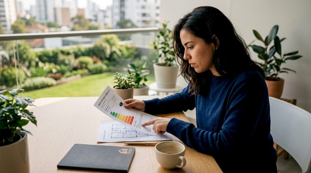 Mujer revisando el certificado de eficiencia energética de su vivienda