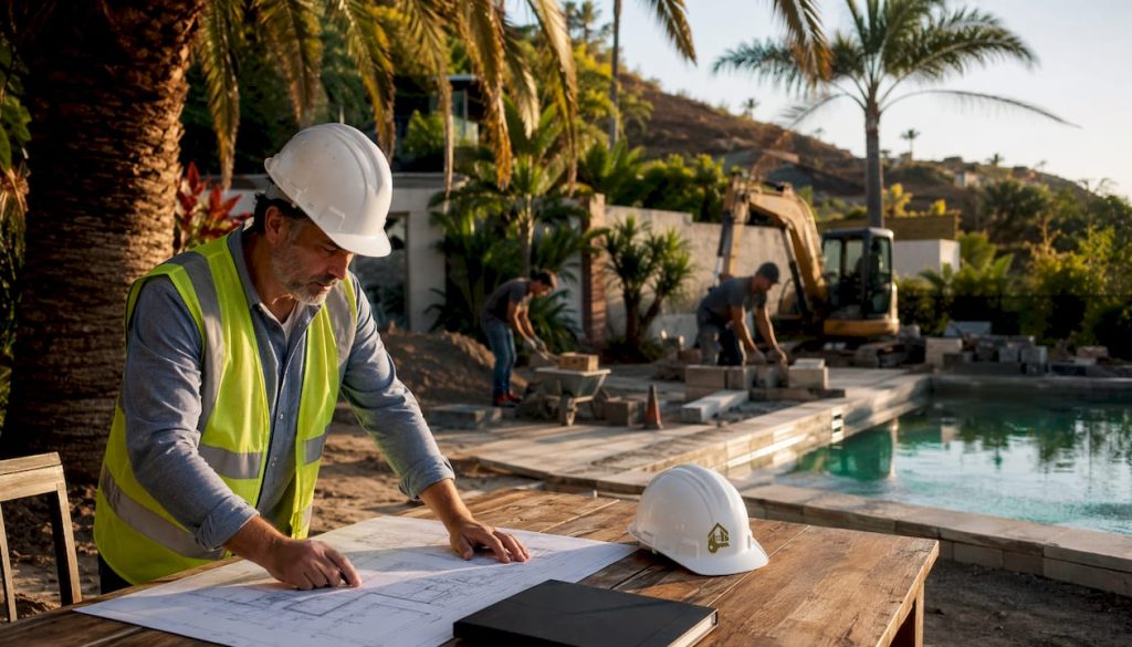 Ingeniero encargado de la supervisión de las obras de una piscina exterior