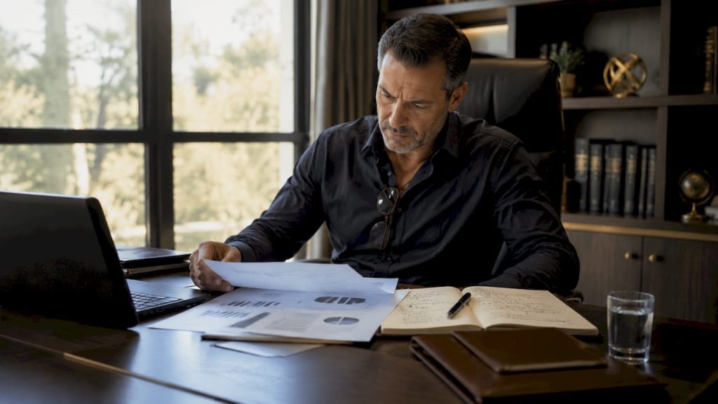 Hombre analizando su estrategia financiera en el despacho