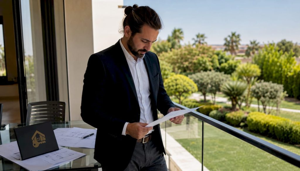 Un agente inmobiliario revisa detenidamente las propiedades disponibles desde su despacho.