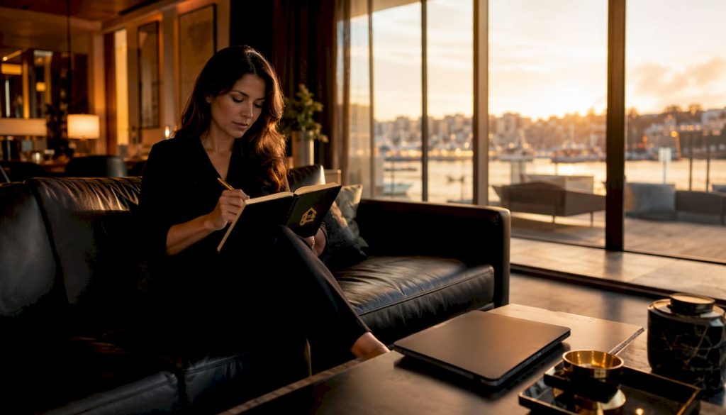 Una mujer consulta páginas web de inmuebles sentada en un escritorio moderno.