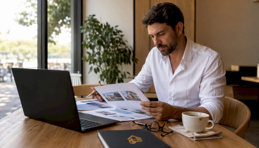 Agente inmobiliario revisando folletos de propiedades en papel