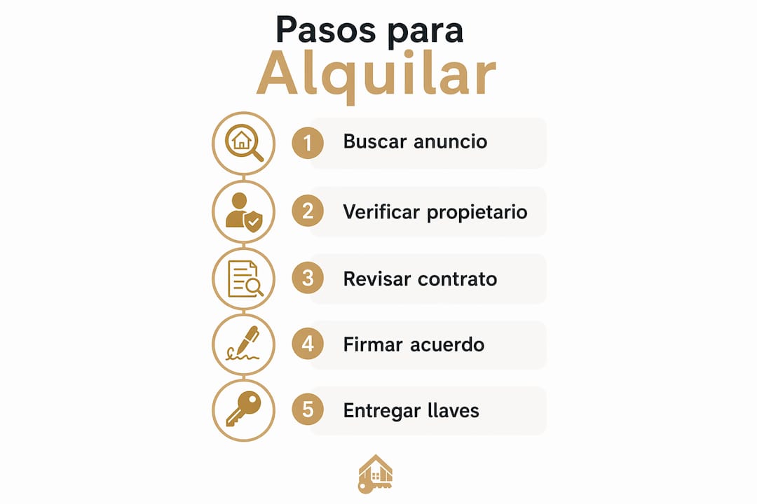 Guía visual con los pasos clave para alquilar un piso directamente, sin intermediarios