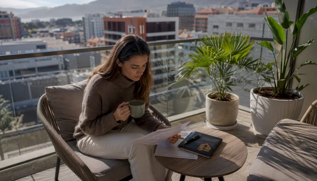 Una mujer revisa detenidamente un contrato sentada en un piso lleno de luz natural.