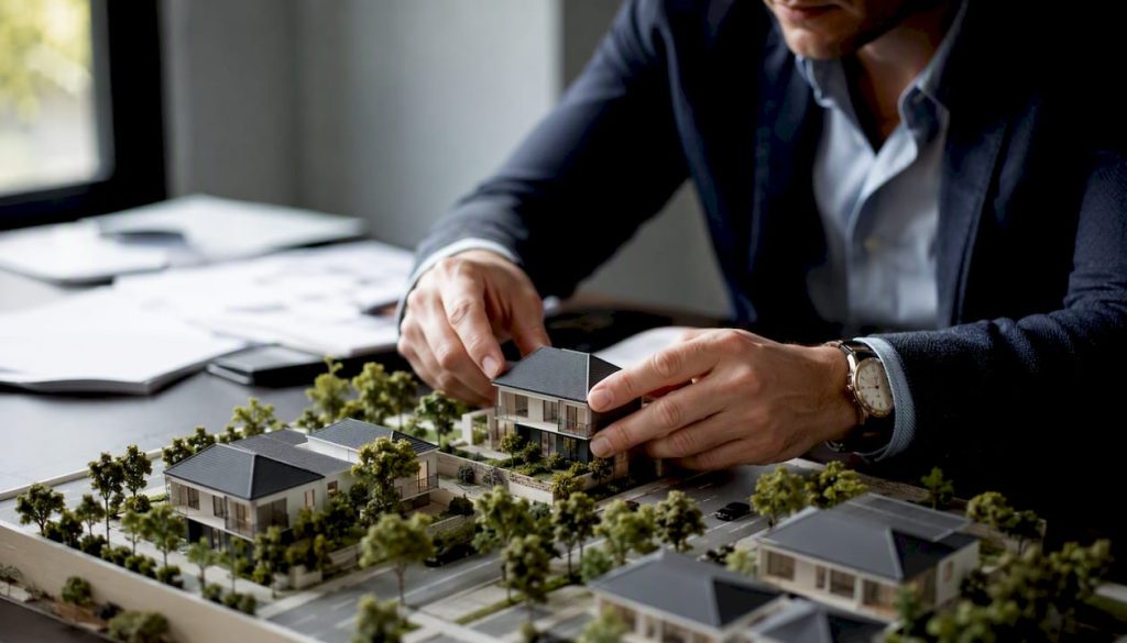 Detalle de una mano colocando una pieza en una maqueta de un proyecto inmobiliario en Tenerife.