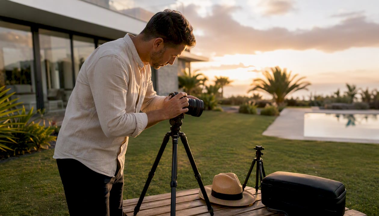Fotógrafo preparando su cámara frente a una villa al aire libre