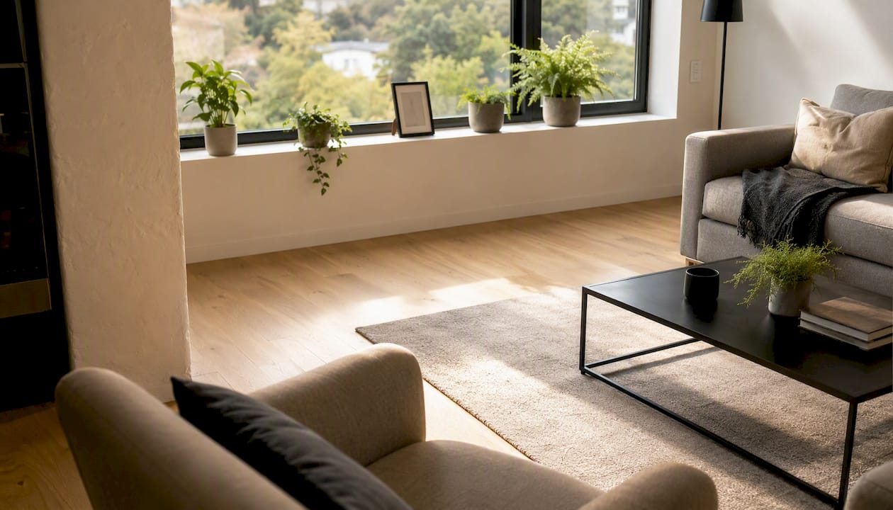 La luz suave y natural que se cuela al interior de la casa crea un ambiente cálido y acogedor.