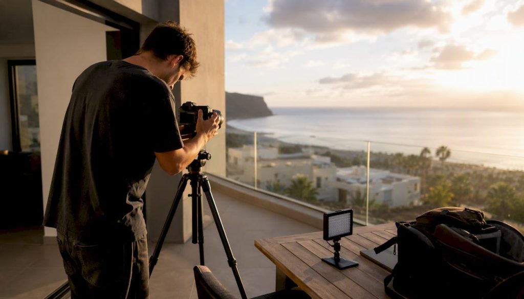 Un fotógrafo alista su cámara antes de una sesión de fotos inmobiliaria.