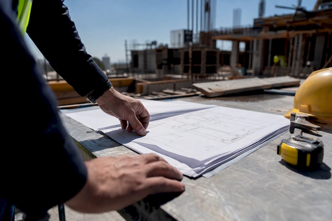 Manos revisando planos y permisos de construcción
