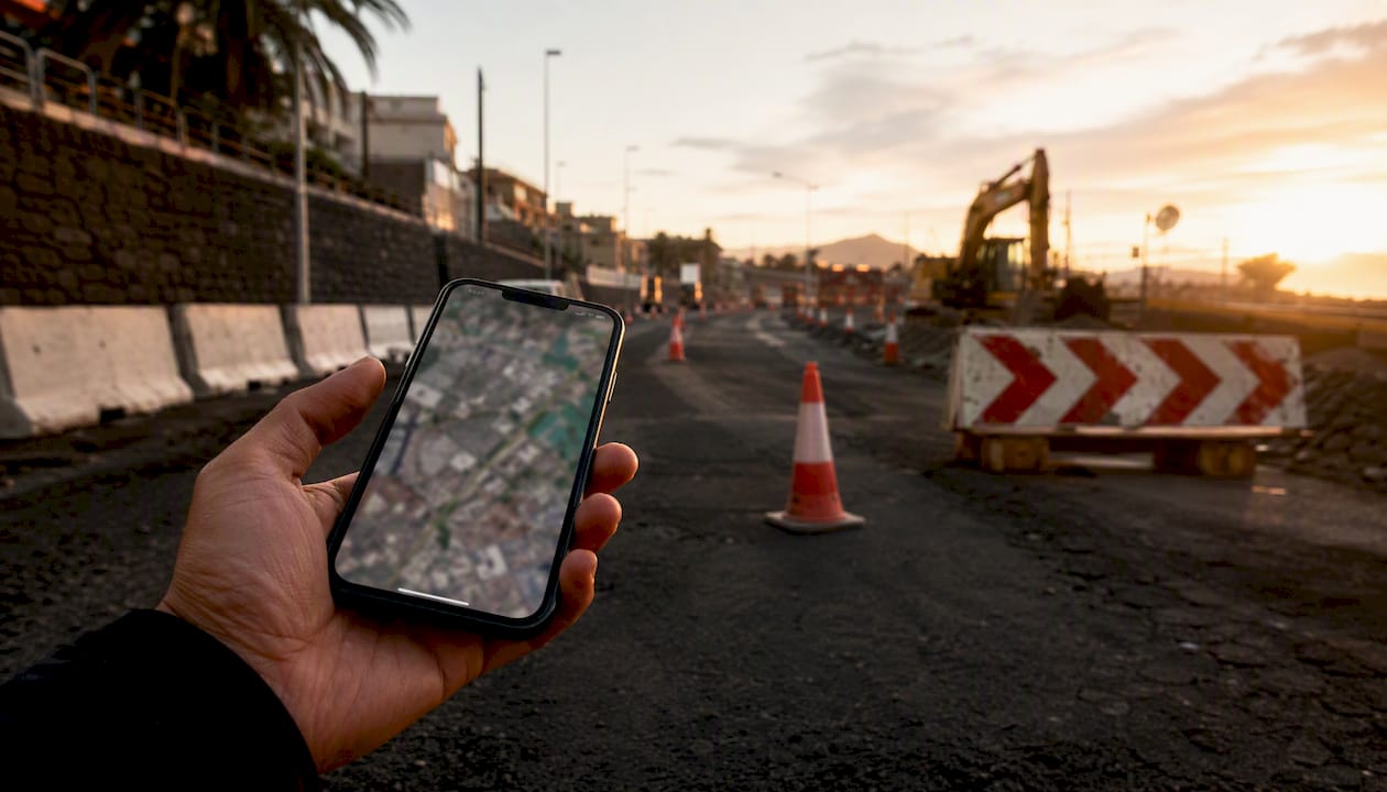 Mano sosteniendo un teléfono cerca de obras urbanas en Tenerife