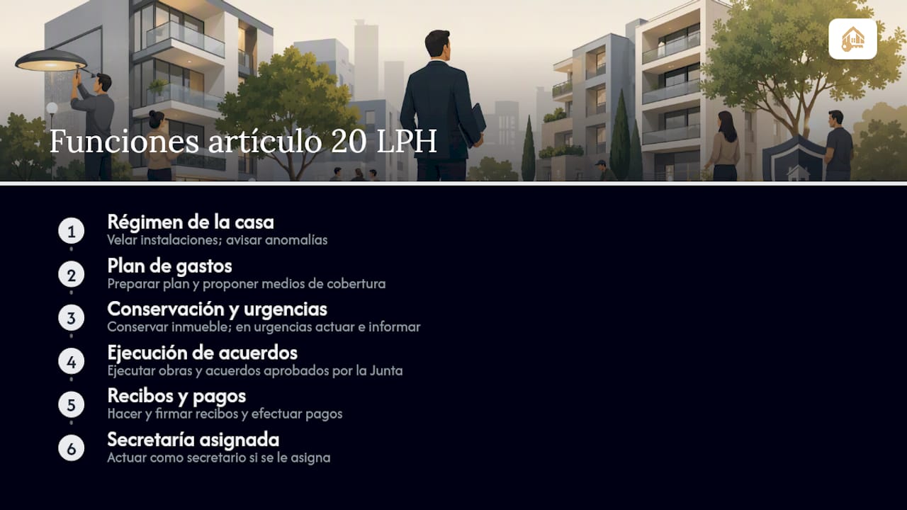 Resumen visual de las funciones legales del administrador de fincas