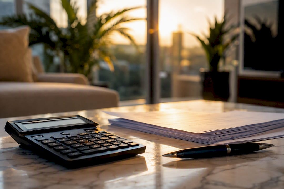 Calculadora y documentos hipotecarios sobre el escritorio